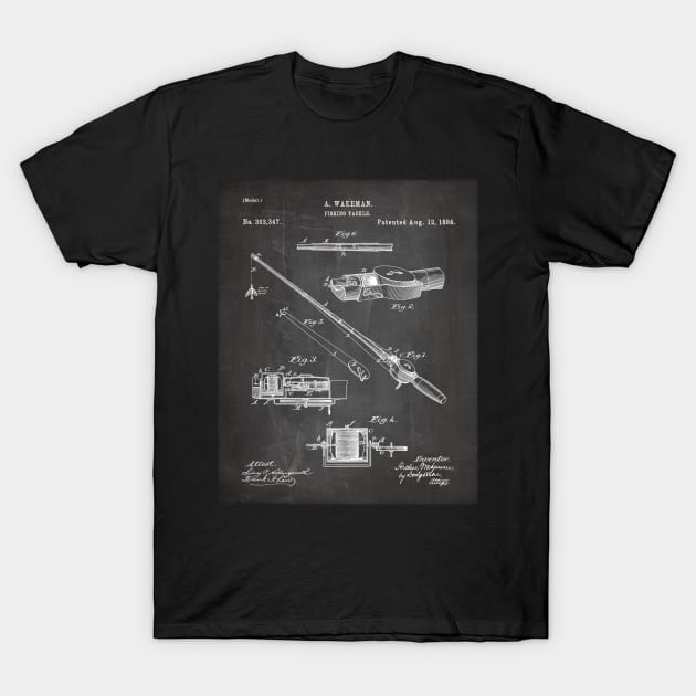 Fishing Rod Patent - Fishing Art - Black Chalkboard T-Shirt by patentpress